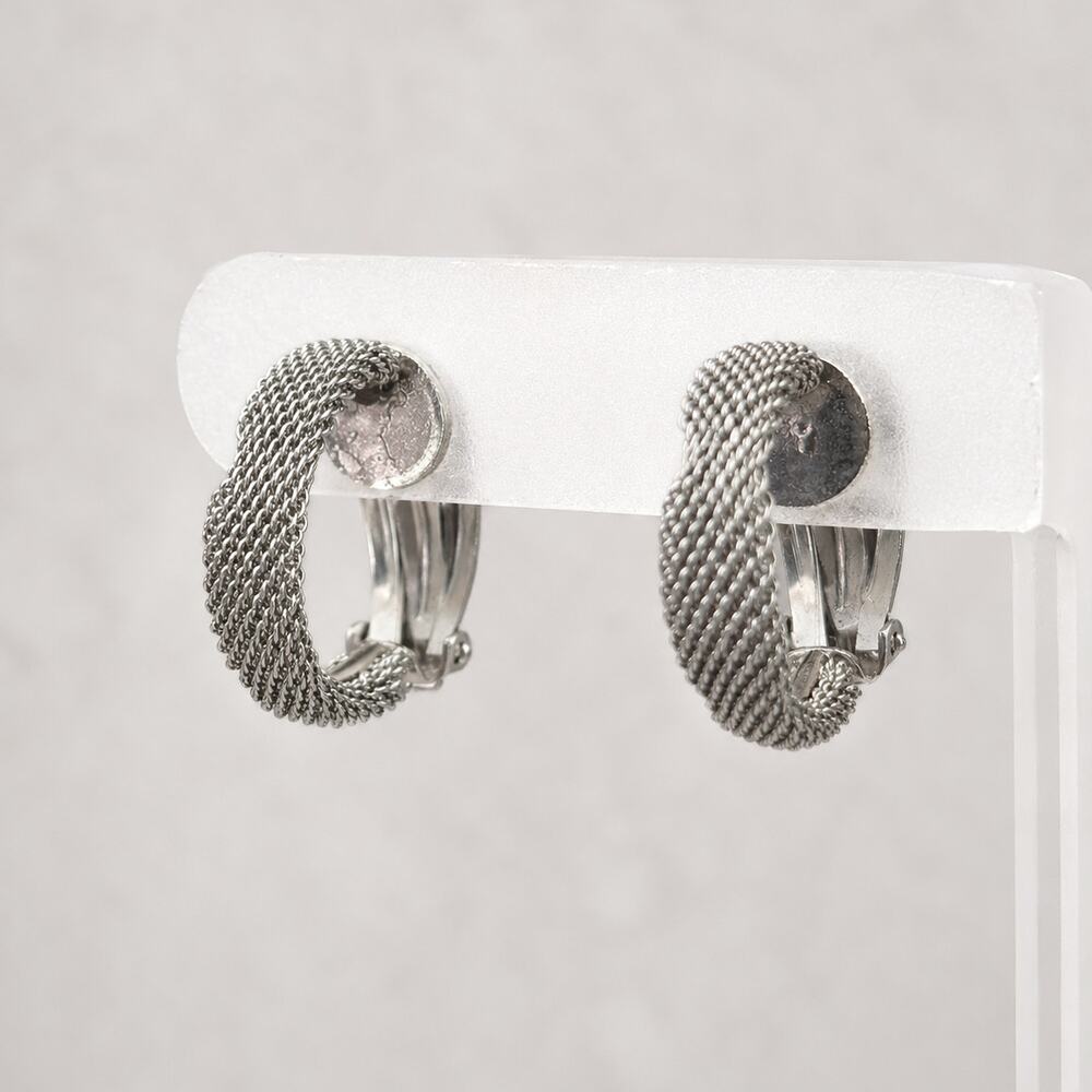 Vintage Clip On Earrings Silver Tone Mesh Like Hoops with Cinched Design Stylish